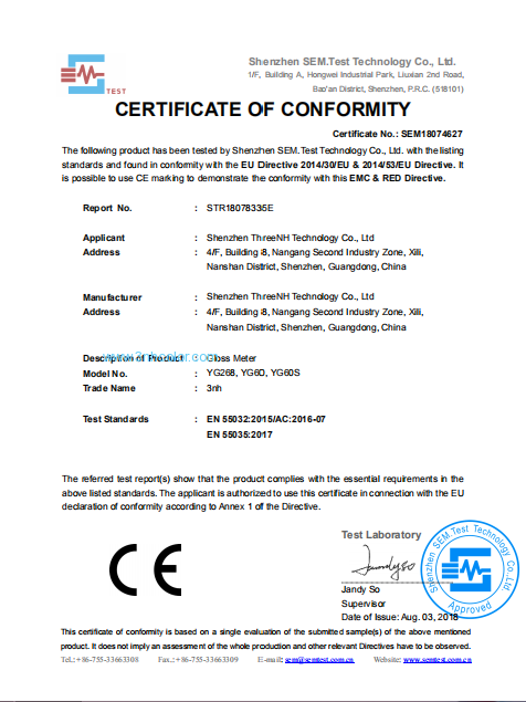 YG serisi parlaklık ölçer CE belgesi