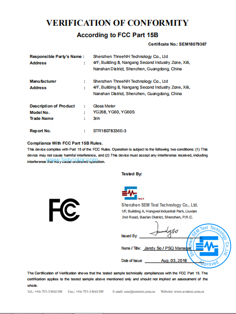 YG serisi parlaklık ölçer FCC sertifikası